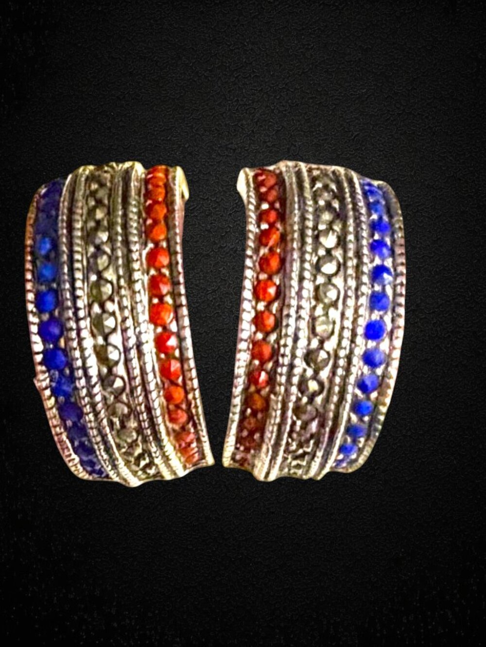 Vintage Sterling Silver 925 Half Hoop Earrings Blue Red Stone Marcasite HAN